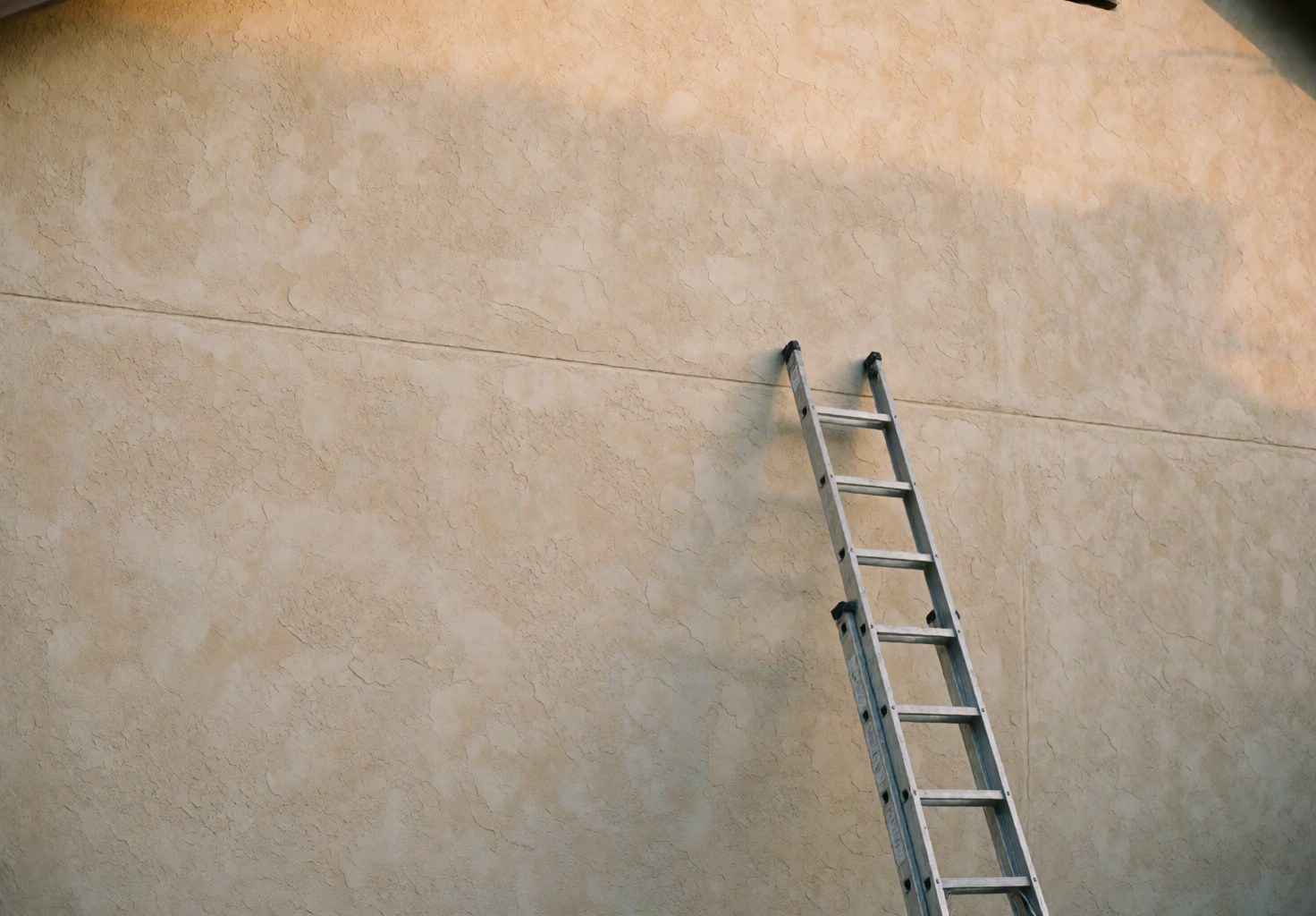 A metal ladder positioned next to a textured stucco wall, showcasing surface details suitable for house painting projects.