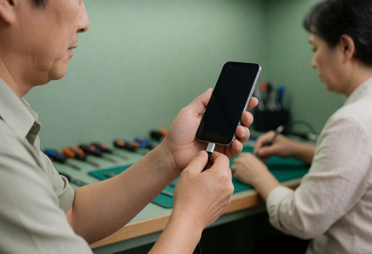 Technician testing a mobile phone with a cable in a workshop with green walls and tools on a bench