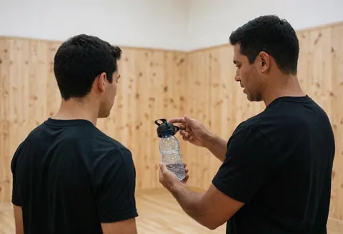 Basketball coach teaching a player about hydration using a water bottle in a gym with wooden walls