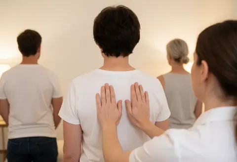 A therapist massages a client's back in a therapy room with light walls and soft lighting, creating a relaxing atmosphere.