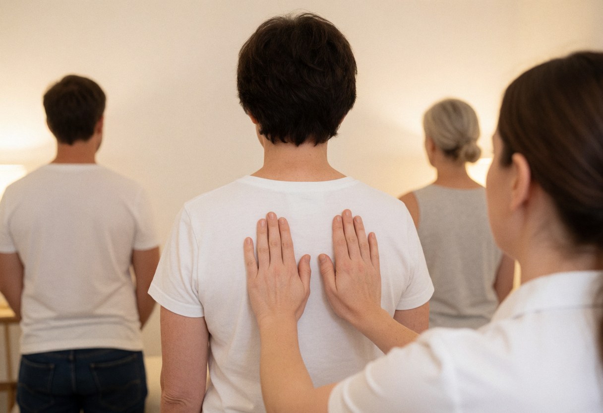 A therapist massages a client's back in a therapy room with light walls and soft lighting, creating a relaxing atmosphere.