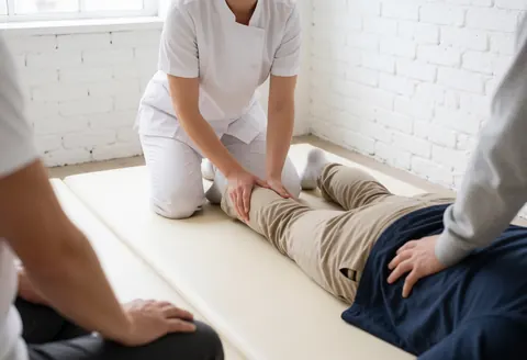 Therapist in white uniform stretches client leg on mat with white brick wall and natural light in studio
