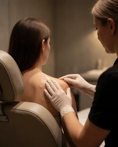 A professional applies aloe vera gel to a client's back while seated in a treatment chair within a clinic featuring polished concrete walls and warm lighting.