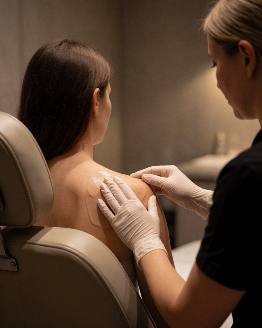 A professional applies aloe vera gel to a client's back while seated in a treatment chair within a clinic featuring polished concrete walls and warm lighting.