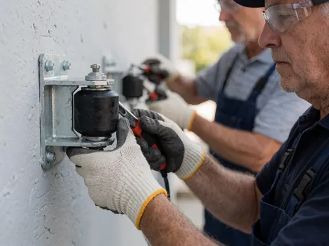Two workers install a garage door mechanism on a block wall using tools and work gloves.