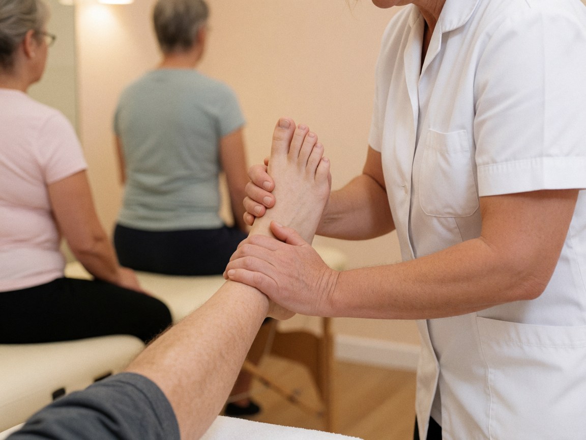 A therapist wearing a white uniform stretches a client's foot during a massage session in a beige salon.