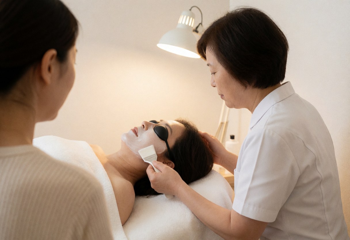 A therapist applies a white facial mask to a client wearing protective eyewear during a skin treatment session in a salon.