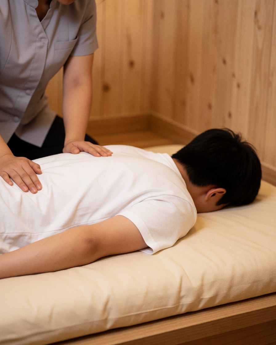 A client receives a Thai massage on a beige bed in a room with light wood walls and a professional in gray uniform.