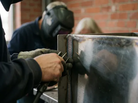 A welder wearing a mask and gloves polishing a metal joint in a workshop with a brick wall.