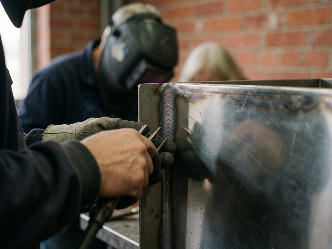 A welder wearing a mask and gloves polishing a metal joint in a workshop with a brick wall.