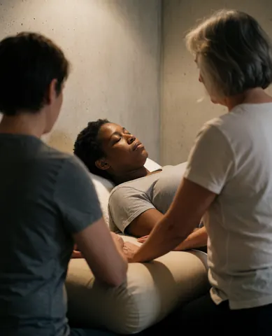 A client receives a professional Thai massage in a spa setting with concrete walls and warm lighting for relaxation.