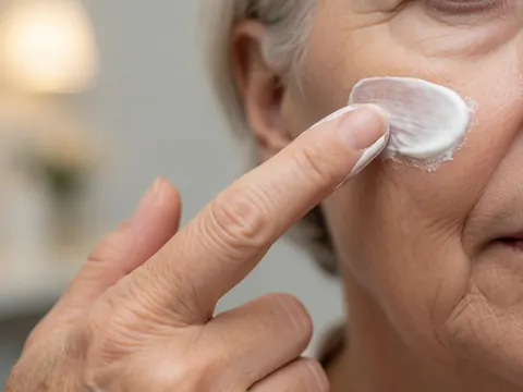 Close-up of a finger applying white cream to wrinkled skin in a clinic setting for acne treatment.