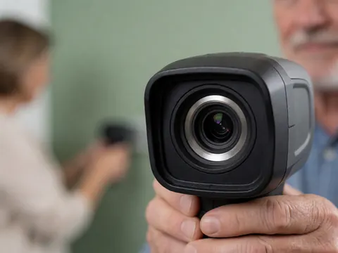 Close-up of a thermal camera with a metallic lens, blurred green wall background, adult hands holding the equipment, ideal for aerial photographers