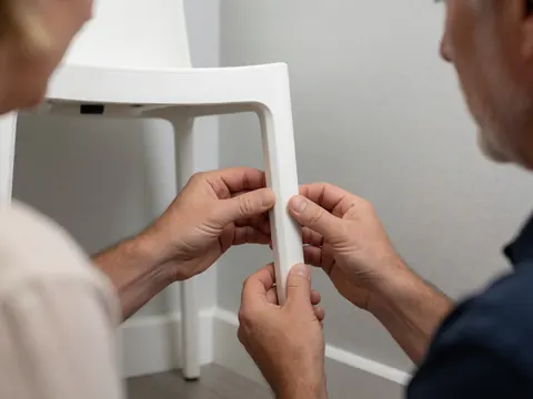 Close-up of hands checking the joint of a white rental chair against a gray wall with bright lighting.