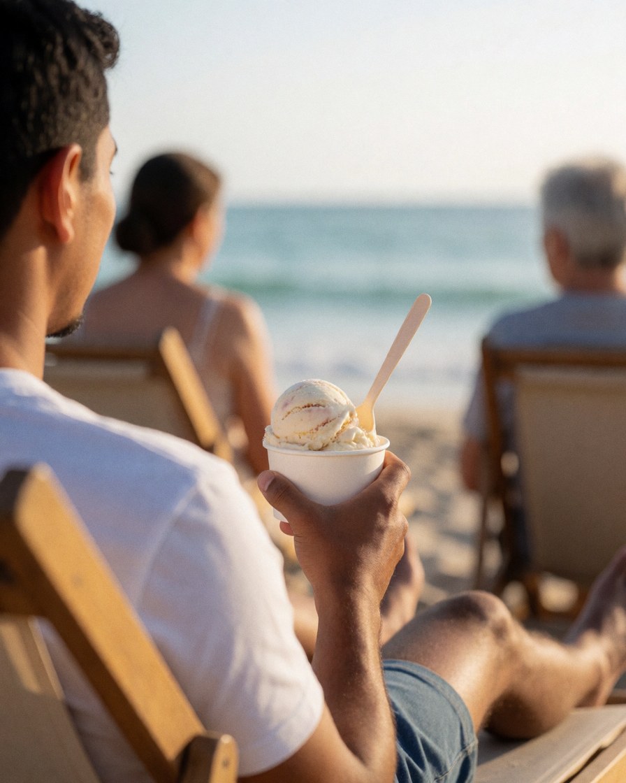 A person enjoys an ice cream while relaxing on a beach lounge chair with the ocean and sunset in the background