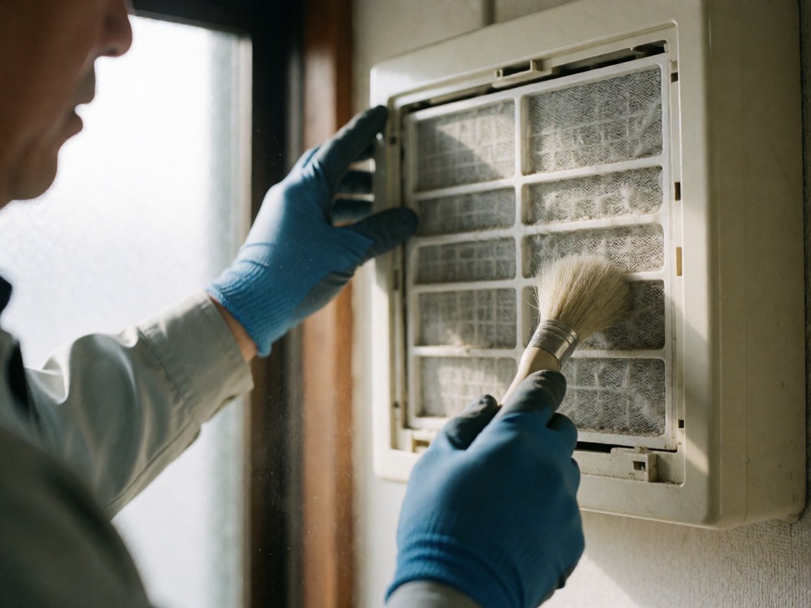 A technician wearing blue gloves cleans a ventilation filter using a soft brush, revealing dust particles in natural light.