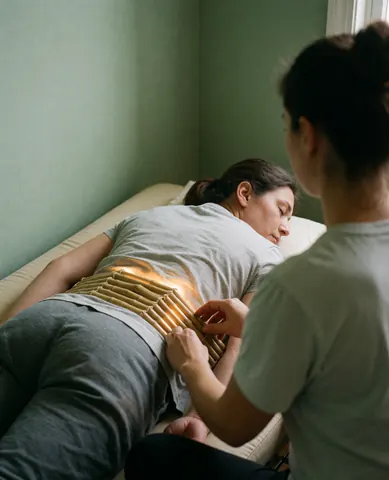 Practitioner applying Thai massage with bamboo tubes on a client lying on a table in a studio with green walls and warm light.