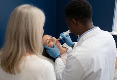 A gloved dermatologist uses a dermabrasion instrument on a patient's face during a clinical procedure.