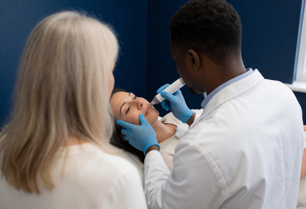 A gloved dermatologist uses a dermabrasion instrument on a patient's face during a clinical procedure.