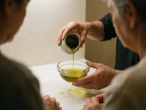 Olive oil is being poured from a hand into a clear glass bowl resting on a white surface.