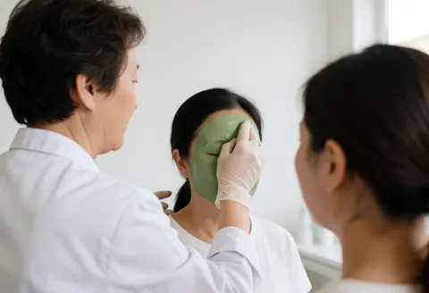 A professional applies a green face mask to a client's forehead while another person watches in a bright salon with white walls.