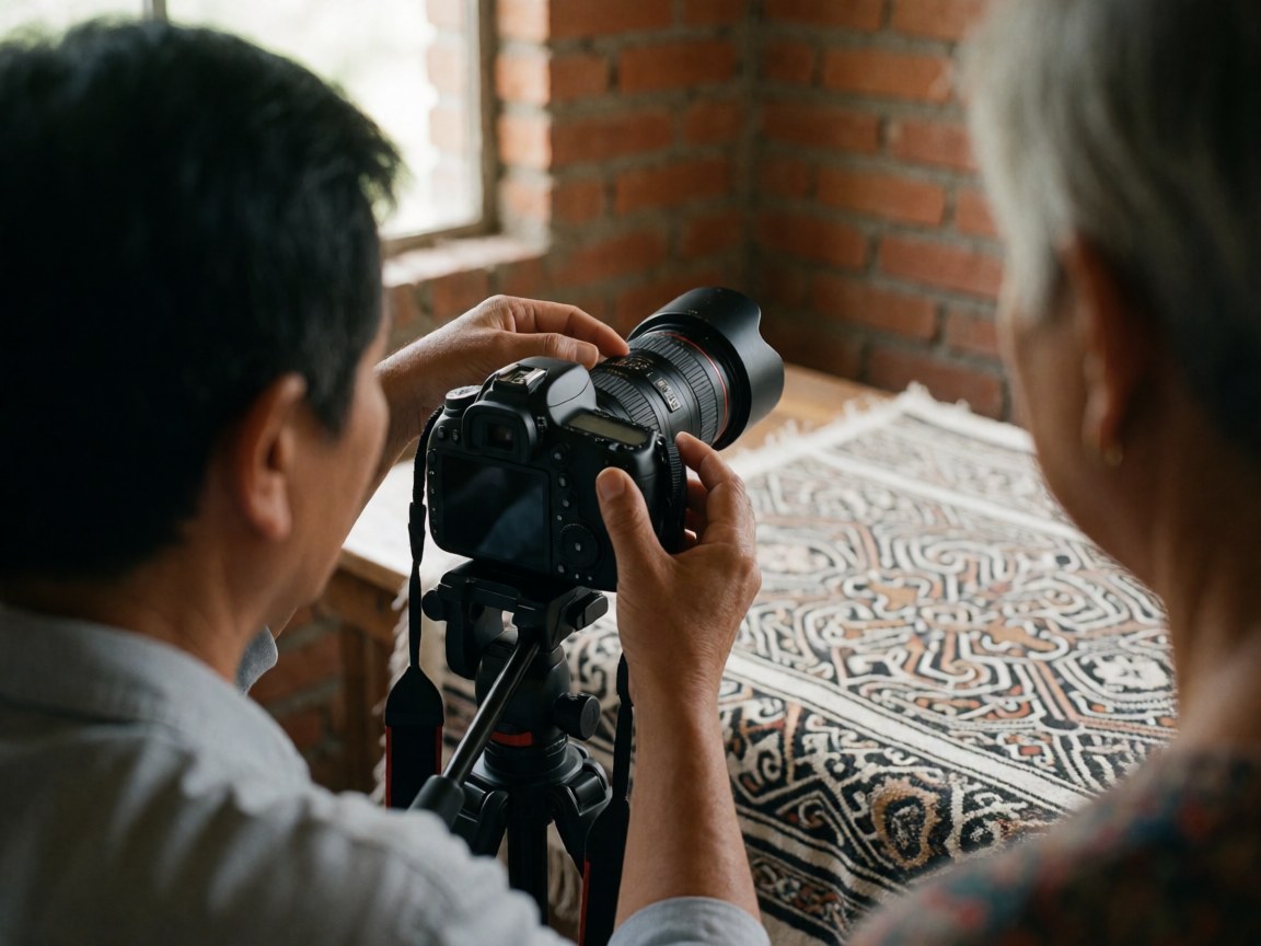 Photographer adjusts focus on a DSLR mounted on a tripod over an ancient textile in a workshop with brick walls.