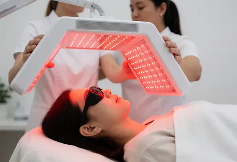 A client wearing protective eyewear undergoes red light therapy for acne while a therapist adjusts the equipment in a modern clinic.