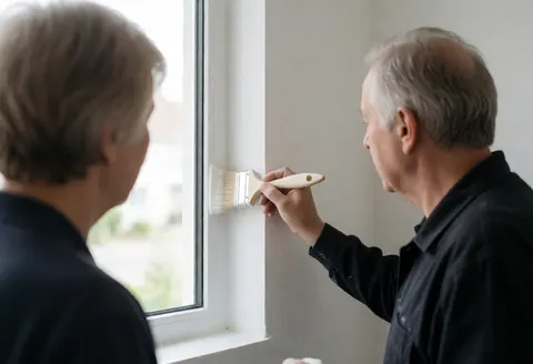 A painter carefully brushes a white window frame using natural light in a clean and organized workspace.