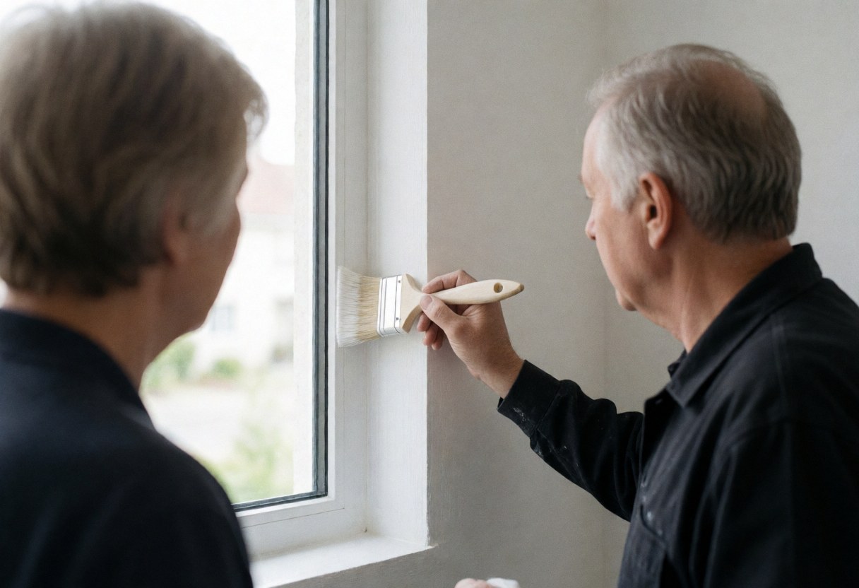 A painter carefully brushes a white window frame using natural light in a clean and organized workspace.