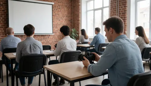 A student holding a camera during an active photography class in a room with brick walls and natural light.