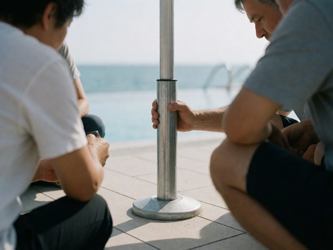 Two people install a heavy-based metal umbrella on a clean pool deck under bright sunlight.