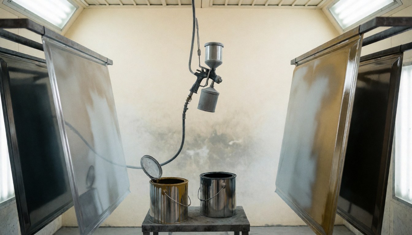Metalworkers spray painting metal parts in a well-lit industrial workshop with paint cans and tools visible.