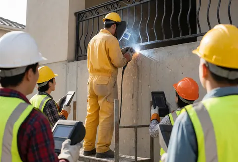 Welder in yellow safety gear works on a wrought iron railing, creating sparks while colleagues in hard hats observe the construction process.