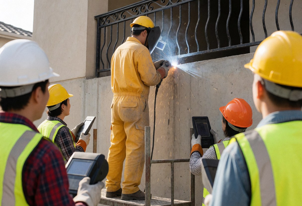 Welder in yellow safety gear works on a wrought iron railing, creating sparks while colleagues in hard hats observe the construction process.