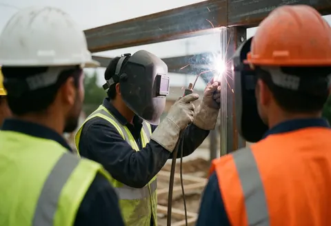 Welder wearing safety helmet and vest working on metal structure while two colleagues observe closely