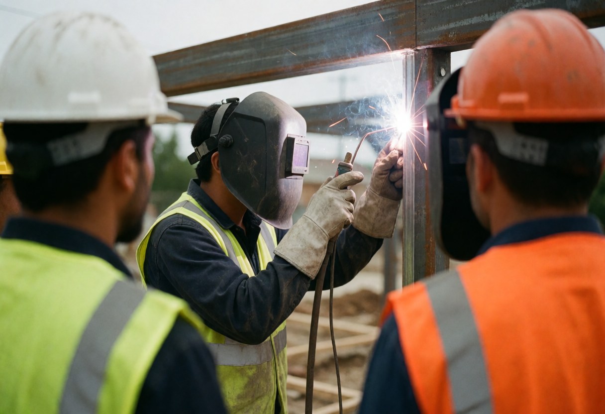 Welder wearing safety helmet and vest working on metal structure while two colleagues observe closely