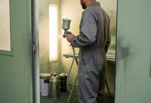 Worker using spray gun to apply metallic paint in a metalworking shop with green walls and paint cans visible.