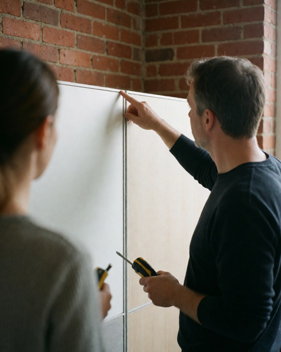 Technician adjusting an office divider while a client observes in a modern workspace with exposed brick walls and tools.