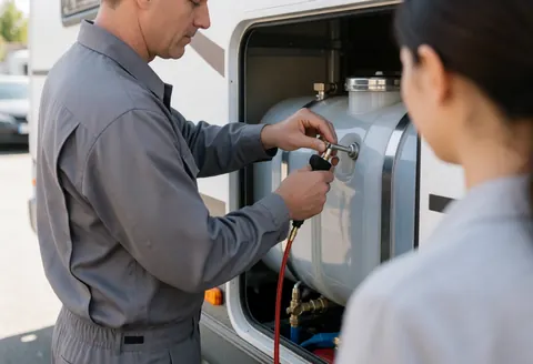 A mechanic inspects a transparent water tank in a camper using a pressure testing tool at an outdoor workshop.