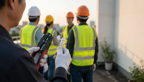Antenna installer using a crimping tool on a roof during golden hour sunset with safety gear visible.