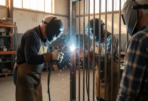 Three welders wearing helmets and gloves join an iron door in an industrial workshop with natural light.