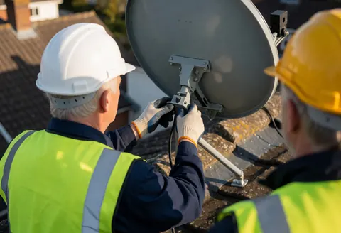A technician in a reflective vest adjusts a satellite antenna on a roof while another worker observes nearby.