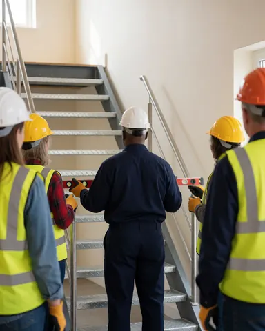 Installation team inspecting a metal staircase under construction using levels and hard hats at a modern building site