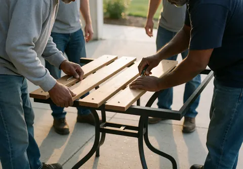 Technician assembling a metal and wood patio table outdoors during sunset with visible tools.