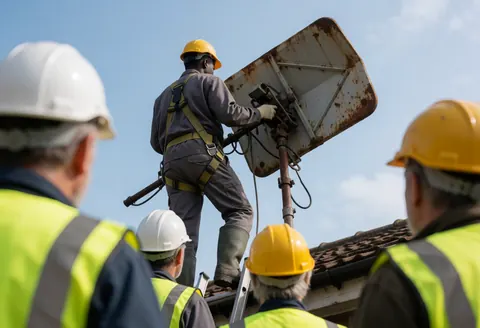 Technician wearing safety gear installs an antenna on a roof while other workers observe the service in action.