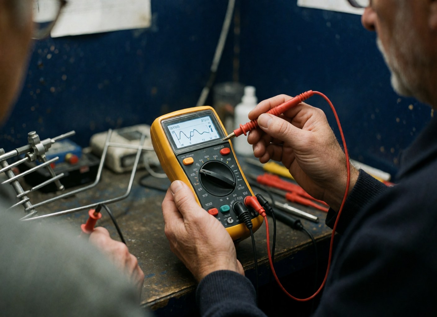 Close-up view of a technician using a multimeter to test an antenna signal in a workshop with blue walls and tools visible.