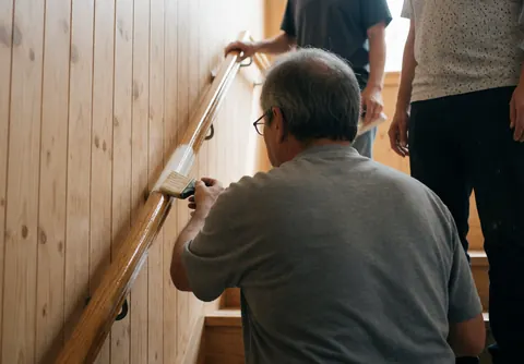 Close-up of hands applying protective sealant to a wooden stair railing during installation work with natural lighting and wood panel walls in background.