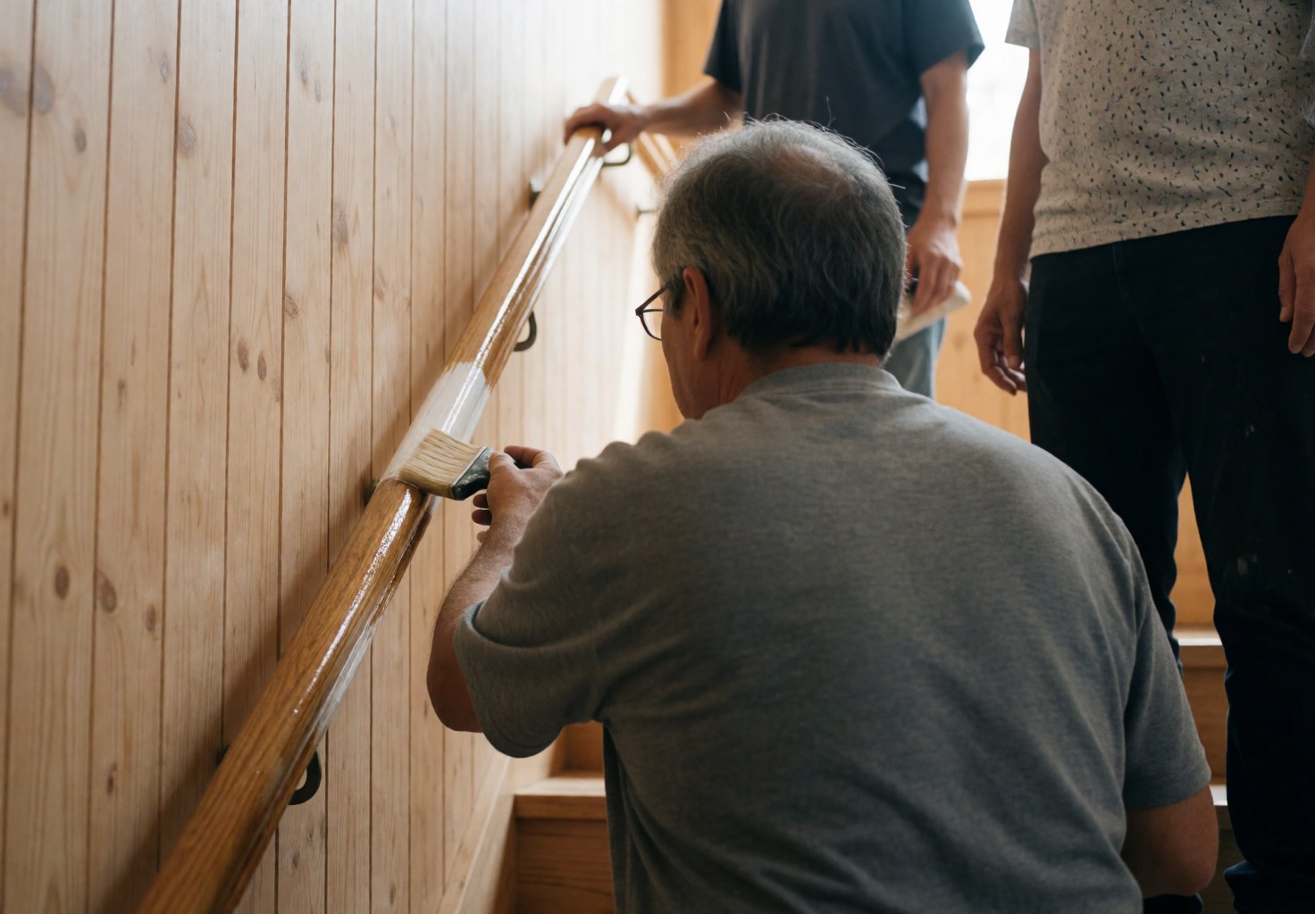 Close-up of hands applying protective sealant to a wooden stair railing during installation work with natural lighting and wood panel walls in background.