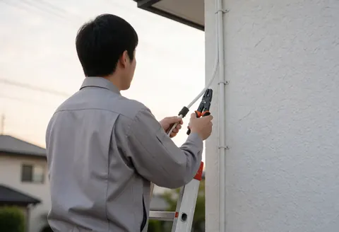 Cctv installation technician in gray uniform runs white cable along a stucco exterior wall using a ladder during sunset.