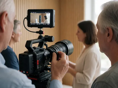 Close-up of a hand adjusting the focus ring on a professional cinema camera with an active monitor and light wood background.